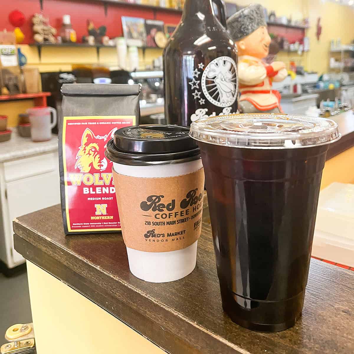 Photo of coffee beans, coffee and iced coffee at Red Rooster in Aberdeen, SD