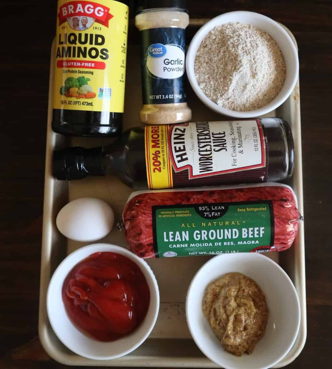 Photo of cookie tray showing all ingredients in gluten free meatloaf.